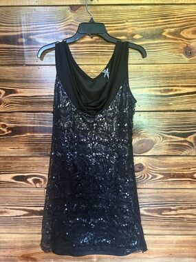 Black Sequin Cocktail Mini Dress with Drape Neck